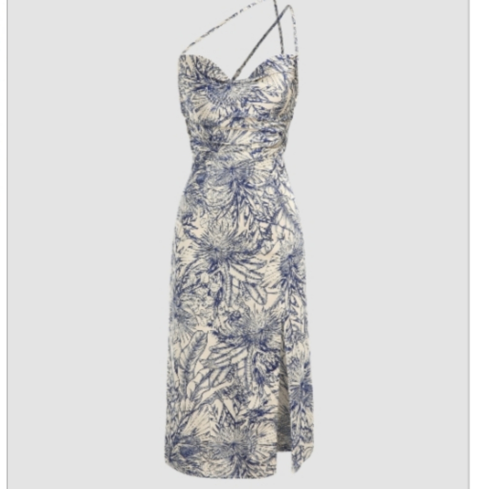 Tropical Shirred Slit Cowl Neck Midi Dress